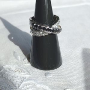 Fashion Criss Cross Ring with Black and White crystals channel set silver tone